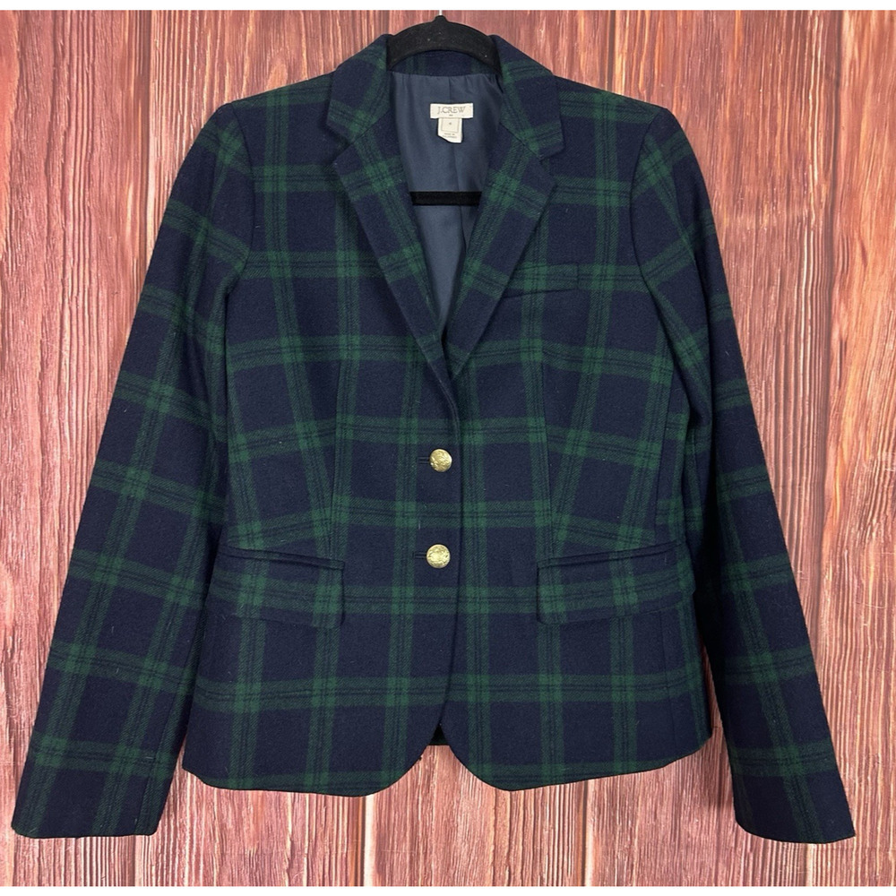 J. Crew Womens Green Blue Plaid Blazer Work‎ Wear Gold Button Size 4